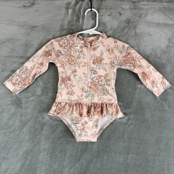 Gerber Other - Modern Moments Gerber Swimsuit Girls 12 M Pink Floral Ruffle Long Sleeve Zip NEW